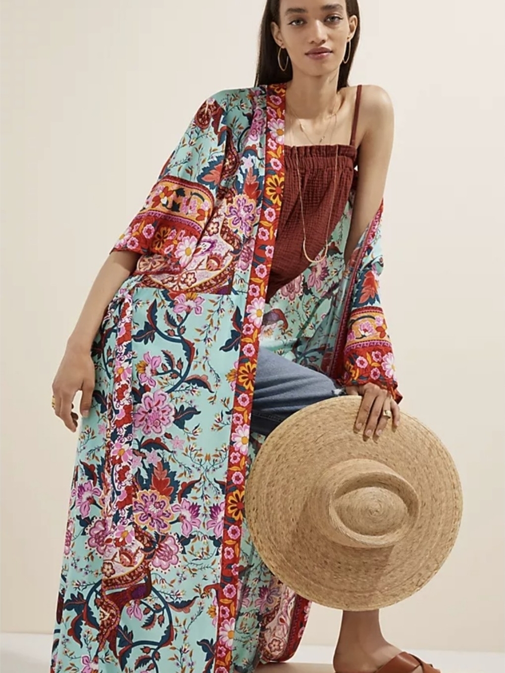 Anthropologie Aqua Floral Paisley Maxi Kimono with Pink & Red Accents